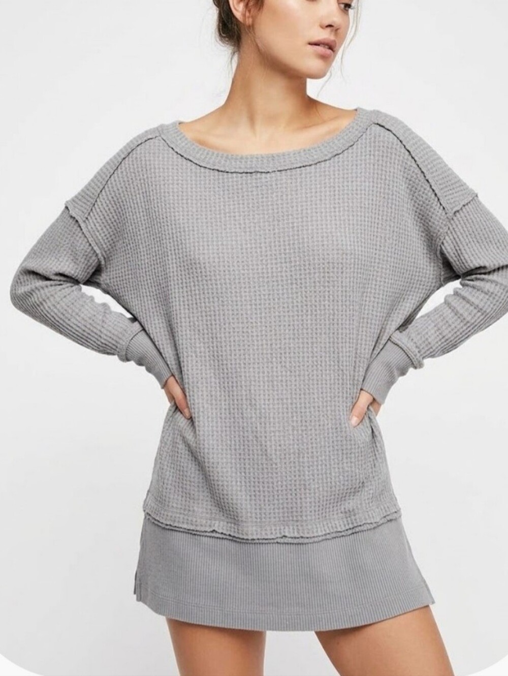 FREE PEOPLE Women's The Free Ribbed Scoop Neck Sweater Small Gray Oversized